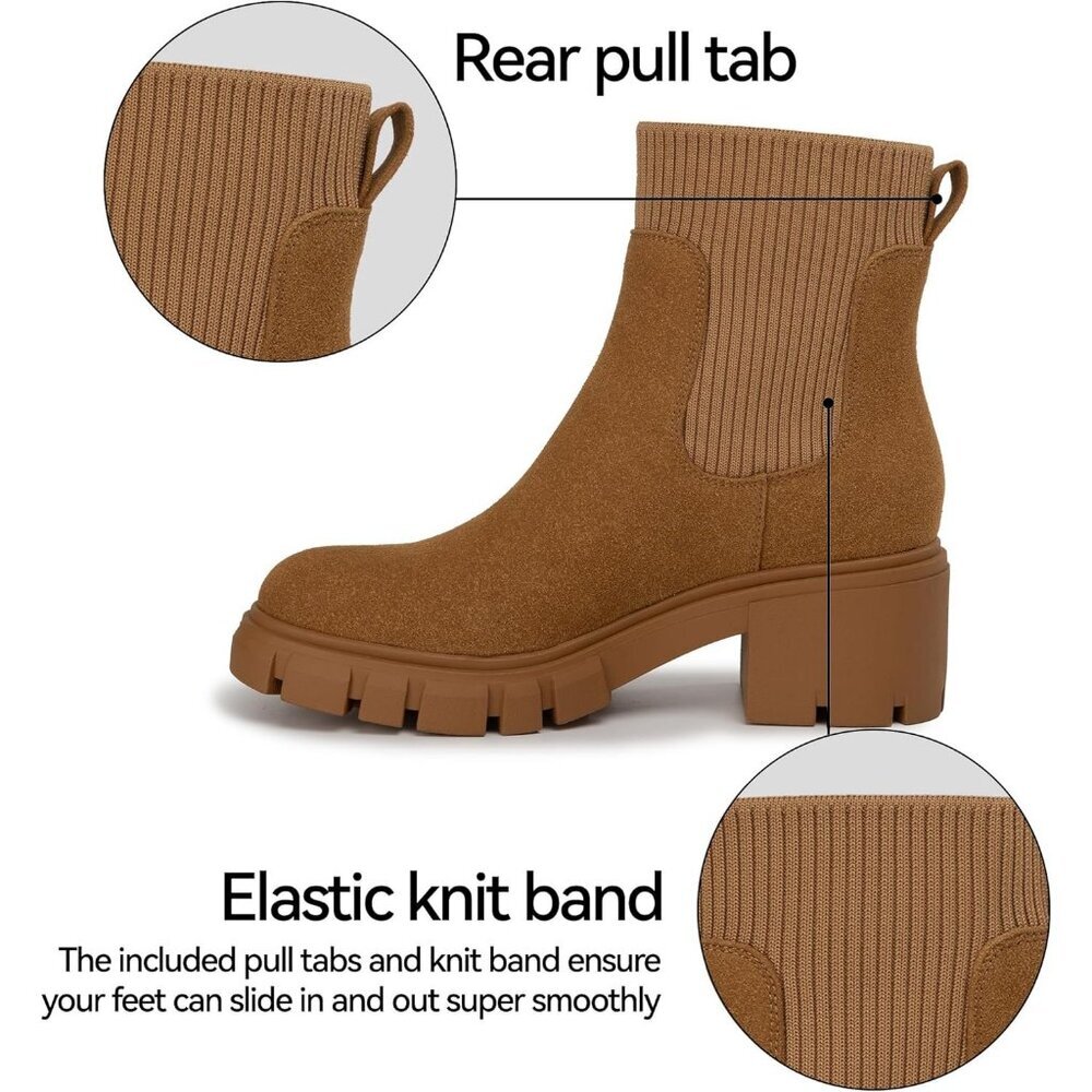 Women's Brown Suede Chelsea Platform Boots Slip On Lug Sole Chunky Ankle Booties - Picture 4 of 6